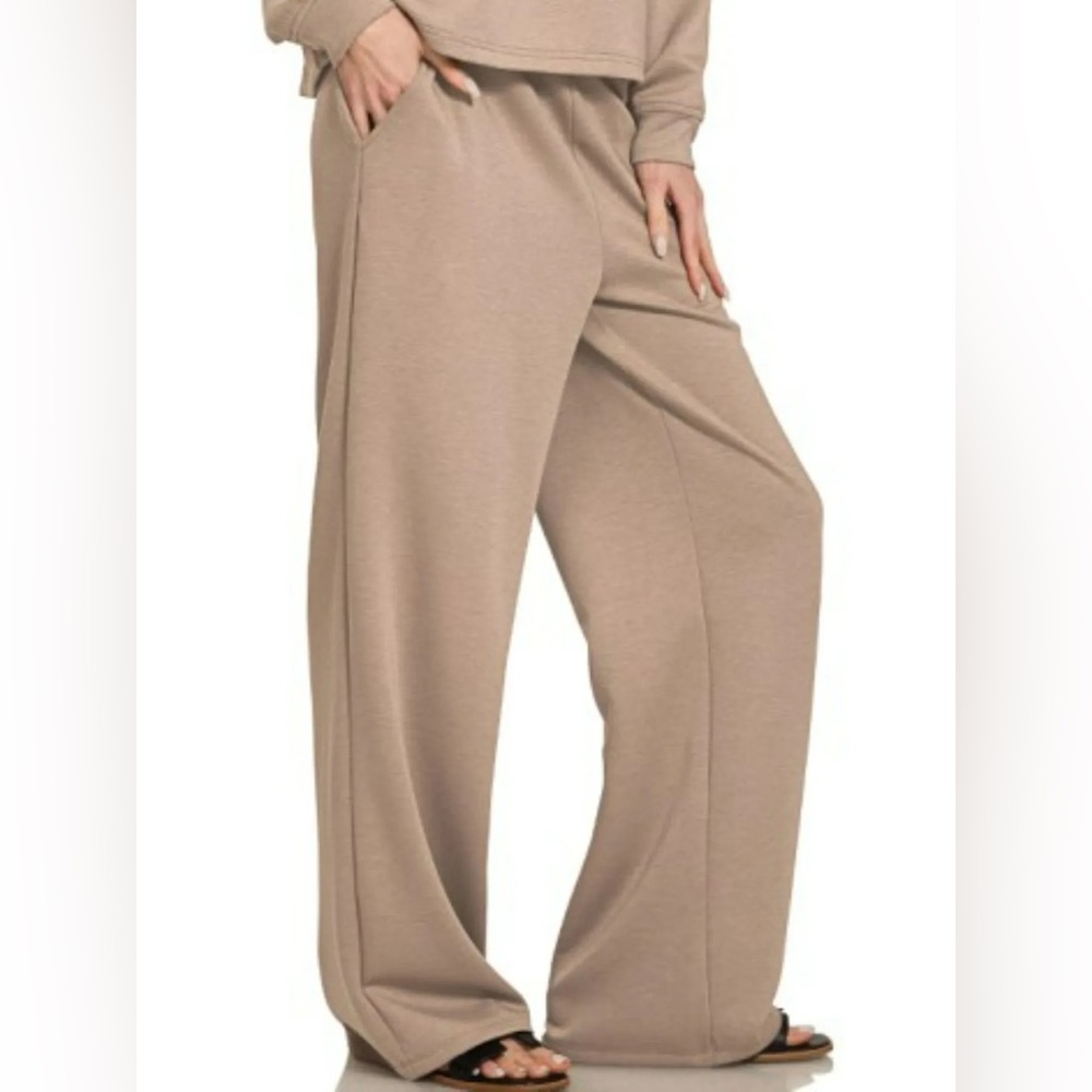 New Zenana Scuba Crewneck Sweatshirt Pants Set beige cocoa taupe large lounge - Picture 2 of 7